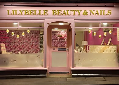 Front view of Lilybelle Beauty and Nails in Market Harborough, England, showcasing elegant pink decor.
