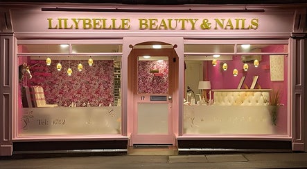 Front view of Lilybelle Beauty and Nails in Market Harborough, England, showcasing elegant pink decor.