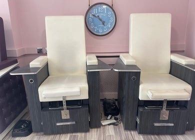 Elegant nail salon chairs at Lilybelle Beauty and Nails, Market Harborough, England, GB.