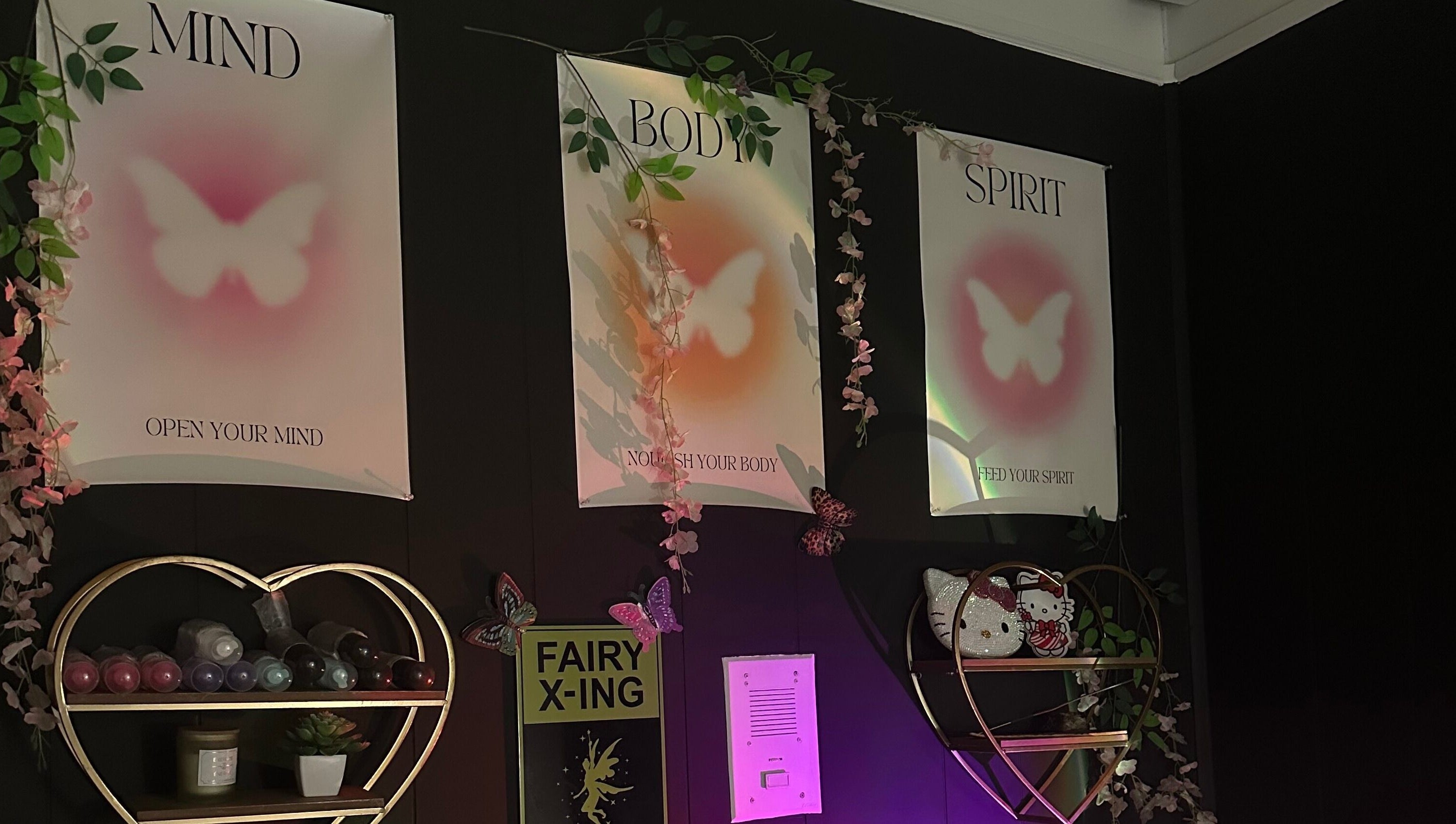 Tranquil wall decor at Talkaboutlashes, Fresno, California, US. Inspirational mind, body, spirit posters.