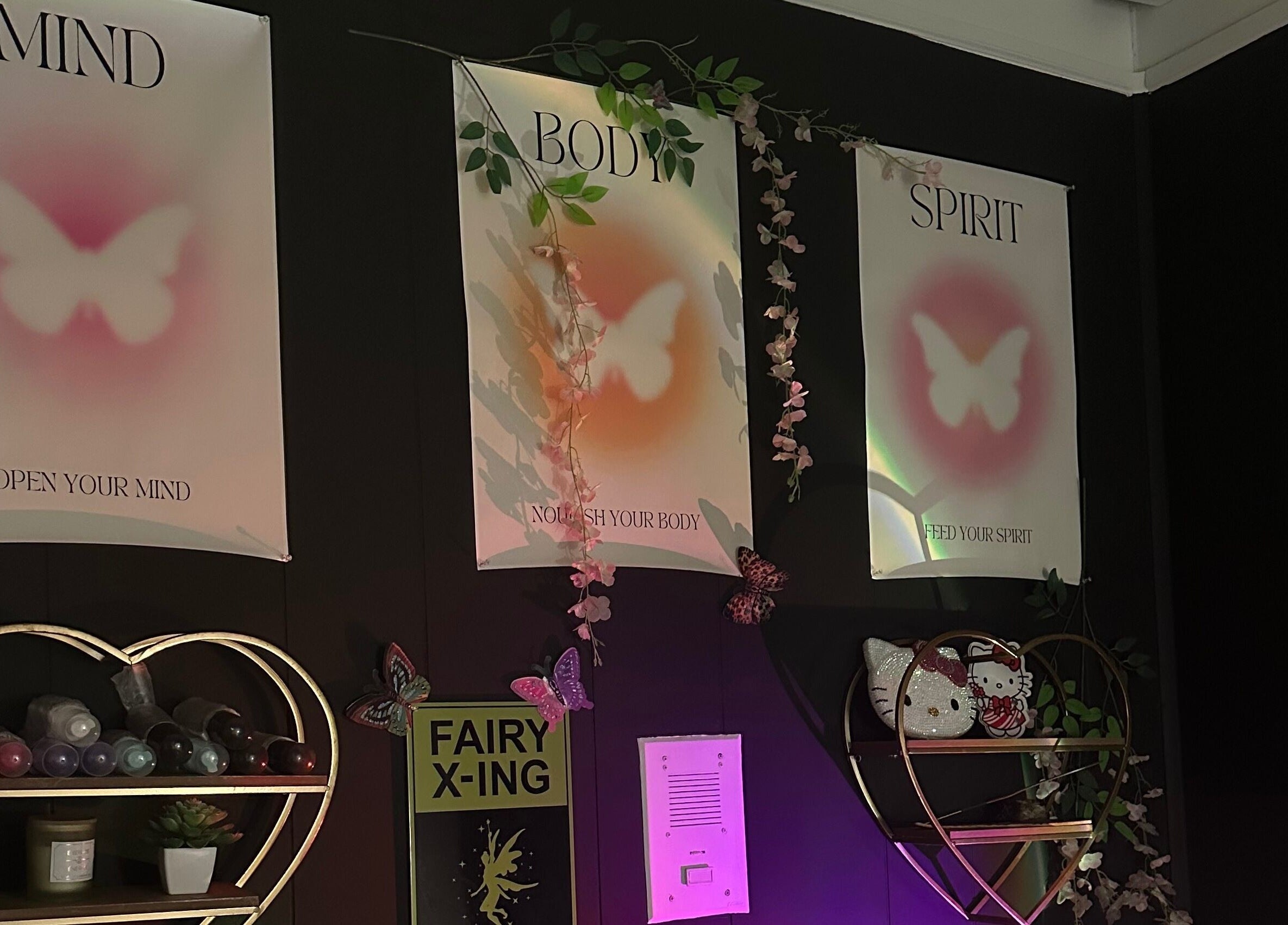 Tranquil wall decor at Talkaboutlashes, Fresno, California, US. Inspirational mind, body, spirit posters.