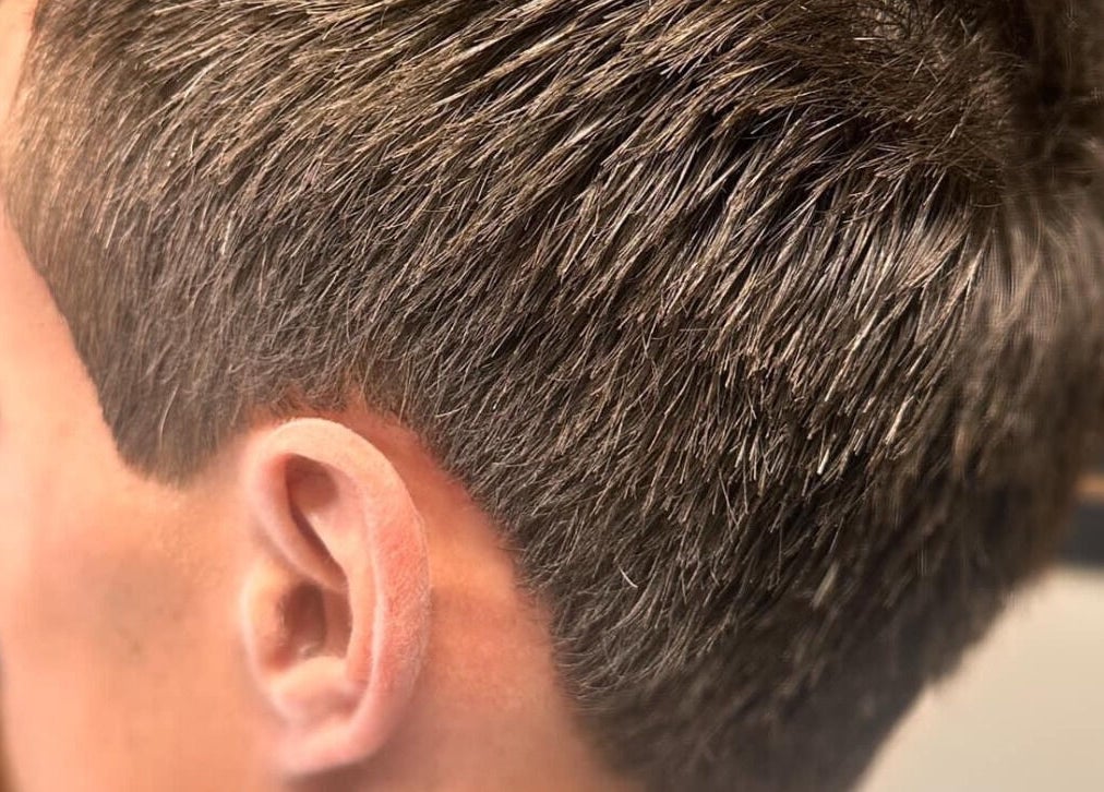 Close-up of a fresh haircut at Barbers on the Green Rowlands Castle, Rowlands Castle, England, GB.