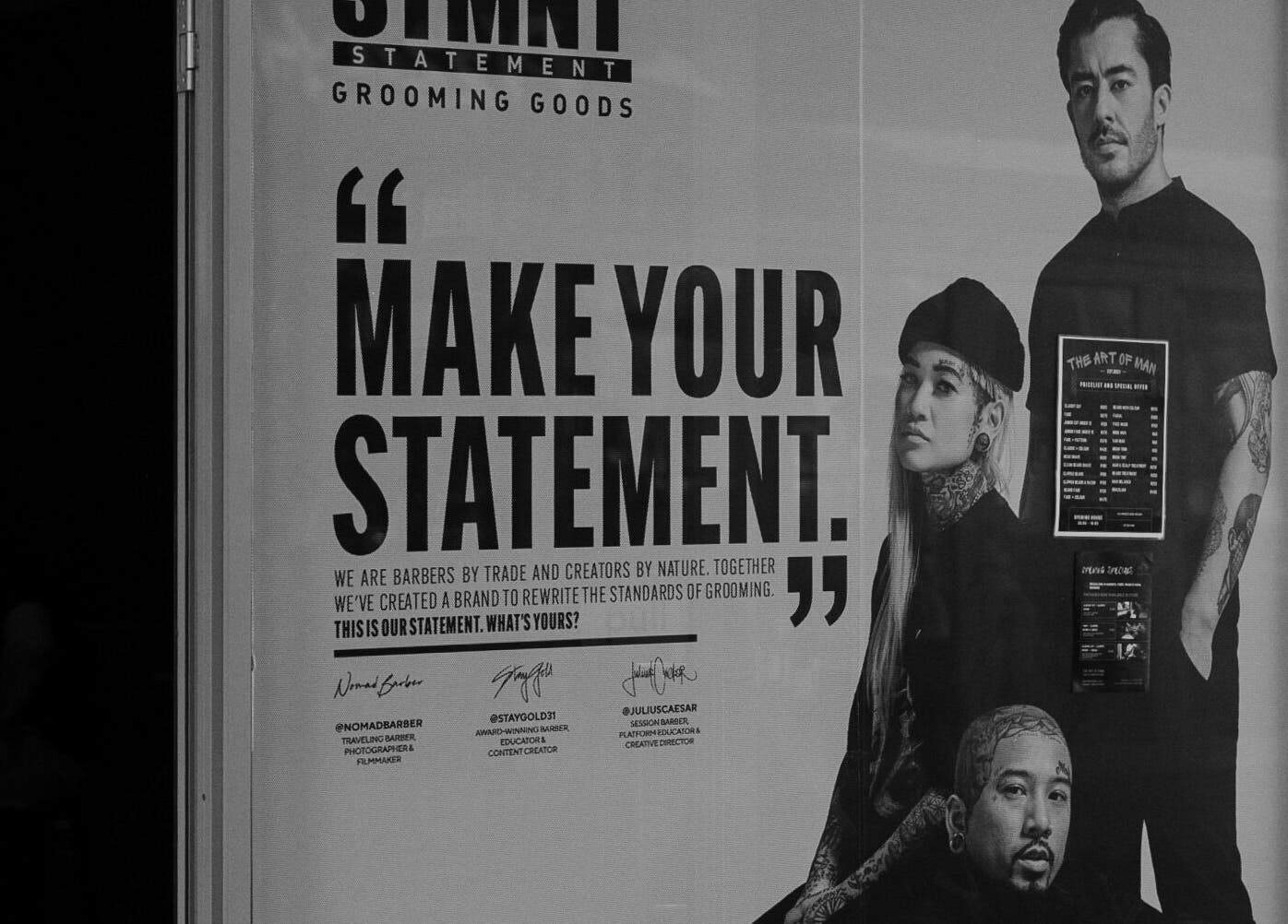 Bold grooming statement poster at The Art of Man, Pretoria, Gauteng, ZA.