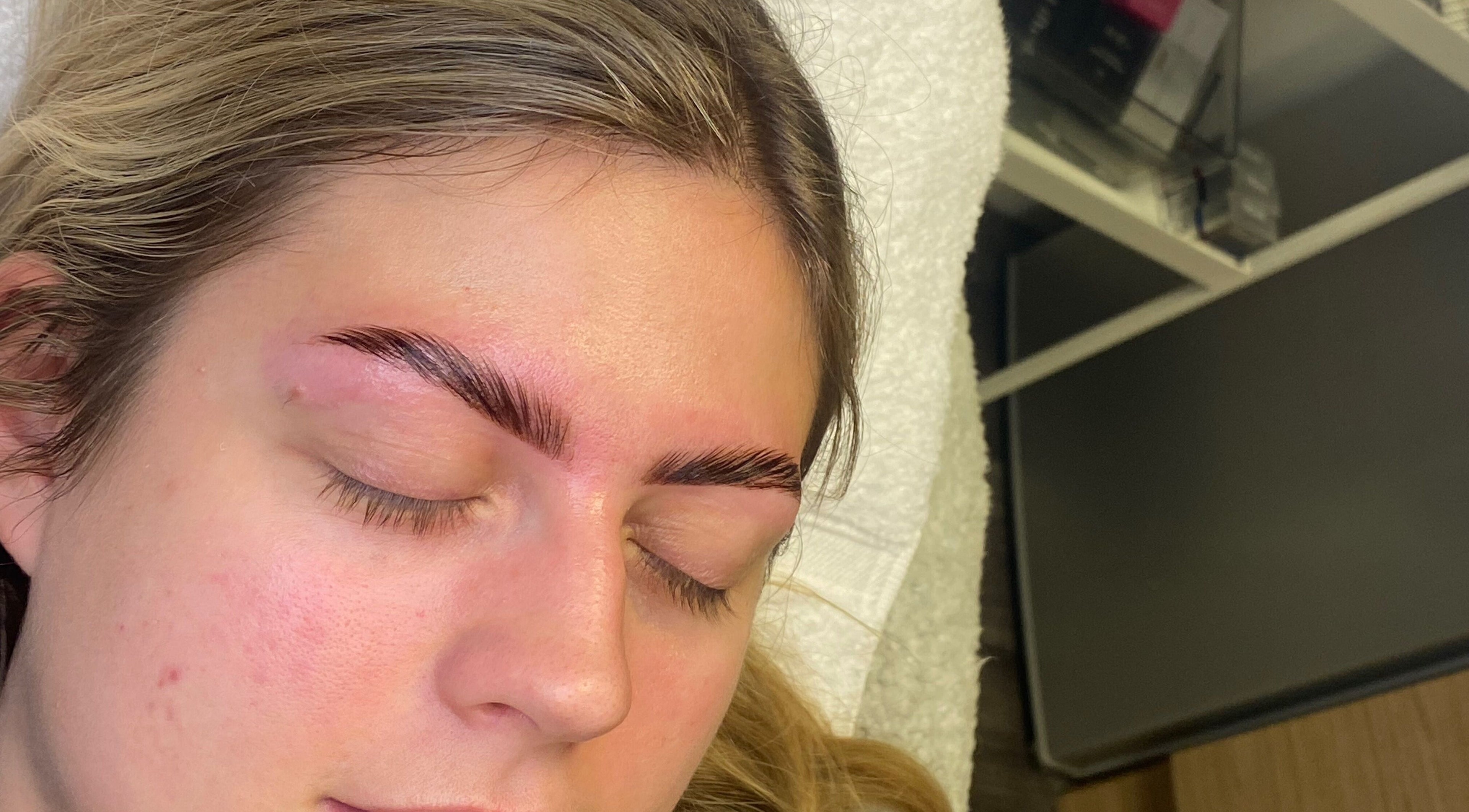 Close-up of perfect brows after treatment at Beautybyal in Northwich, England, GB.