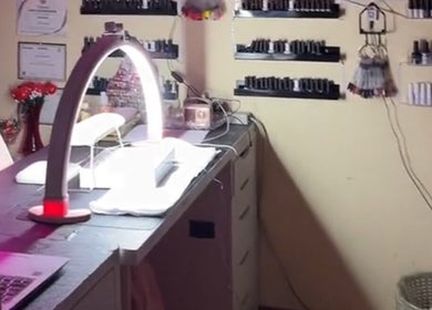 Charmed Nailzz interior with a modern nail station, Red Deer, Alberta, CA.