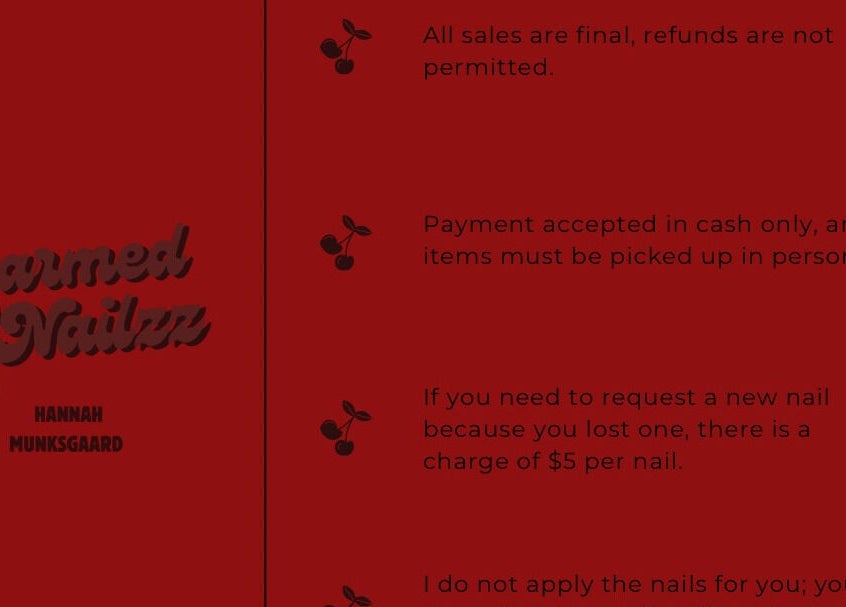 Charmed Nailzz policy poster in Red Deer, Alberta, CA emphasizing final sales and cash payments.