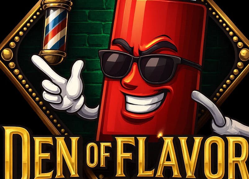 Den Of Flavor logo in Lathrup, Michigan, US with a smiling red character in sunglasses.