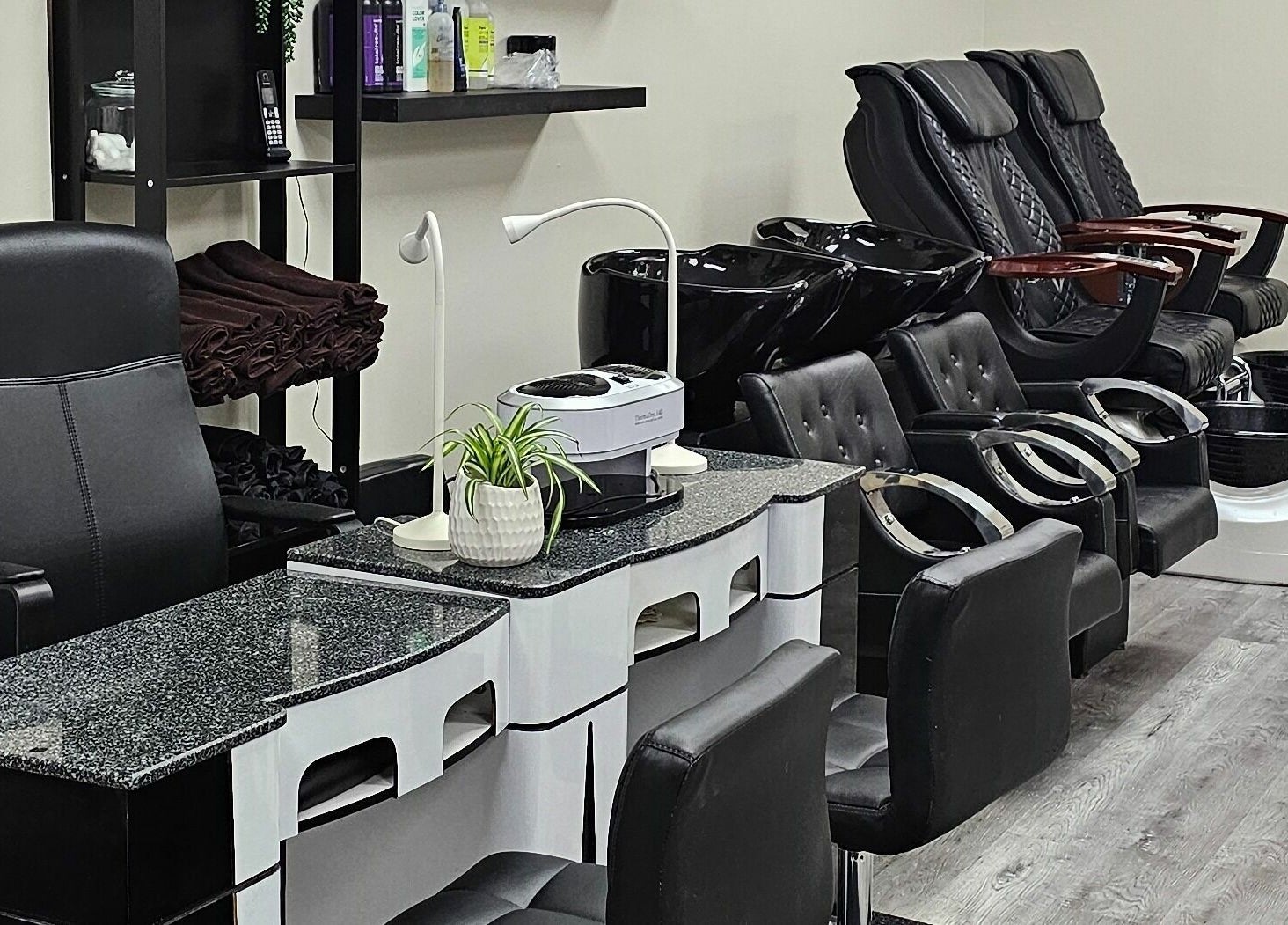 Elegant salon chairs and manicure stations at Your Choice Salon And Spa, Mississauga, Ontario, CA.