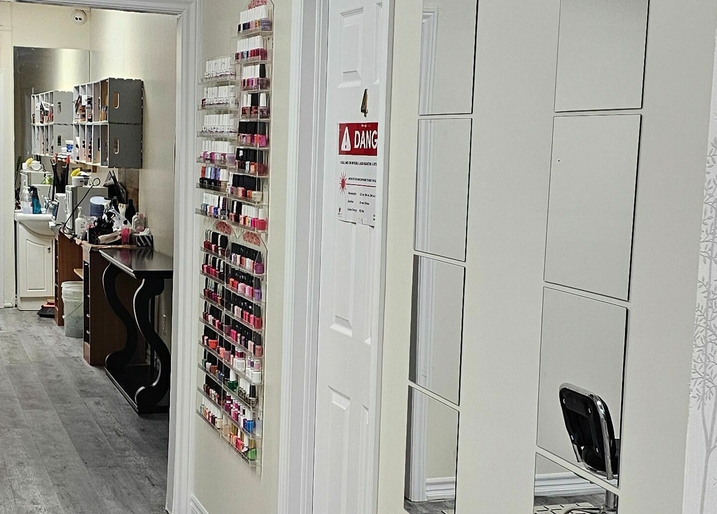 Your Choice Salon And Spa nail polish display in Mississauga, Ontario, CA, showing vibrant polish collection.