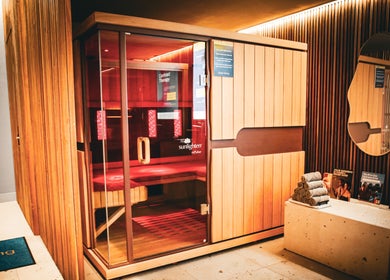 Modern sauna at Super-Young, Armadale, Victoria, AU, offering relaxation and wellness in a serene setting.