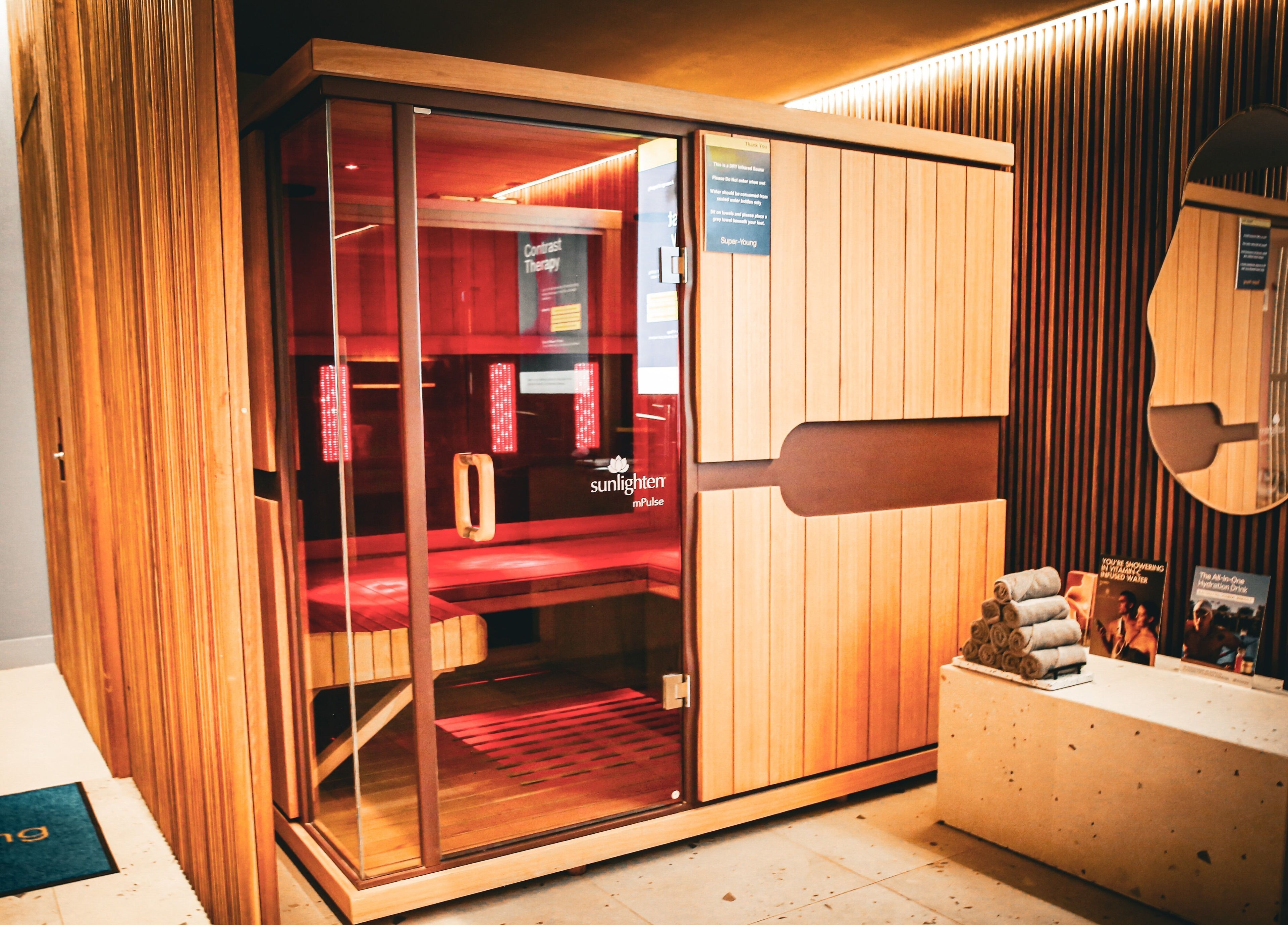 Modern sauna at Super-Young, Armadale, Victoria, AU, offering relaxation and wellness in a serene setting.