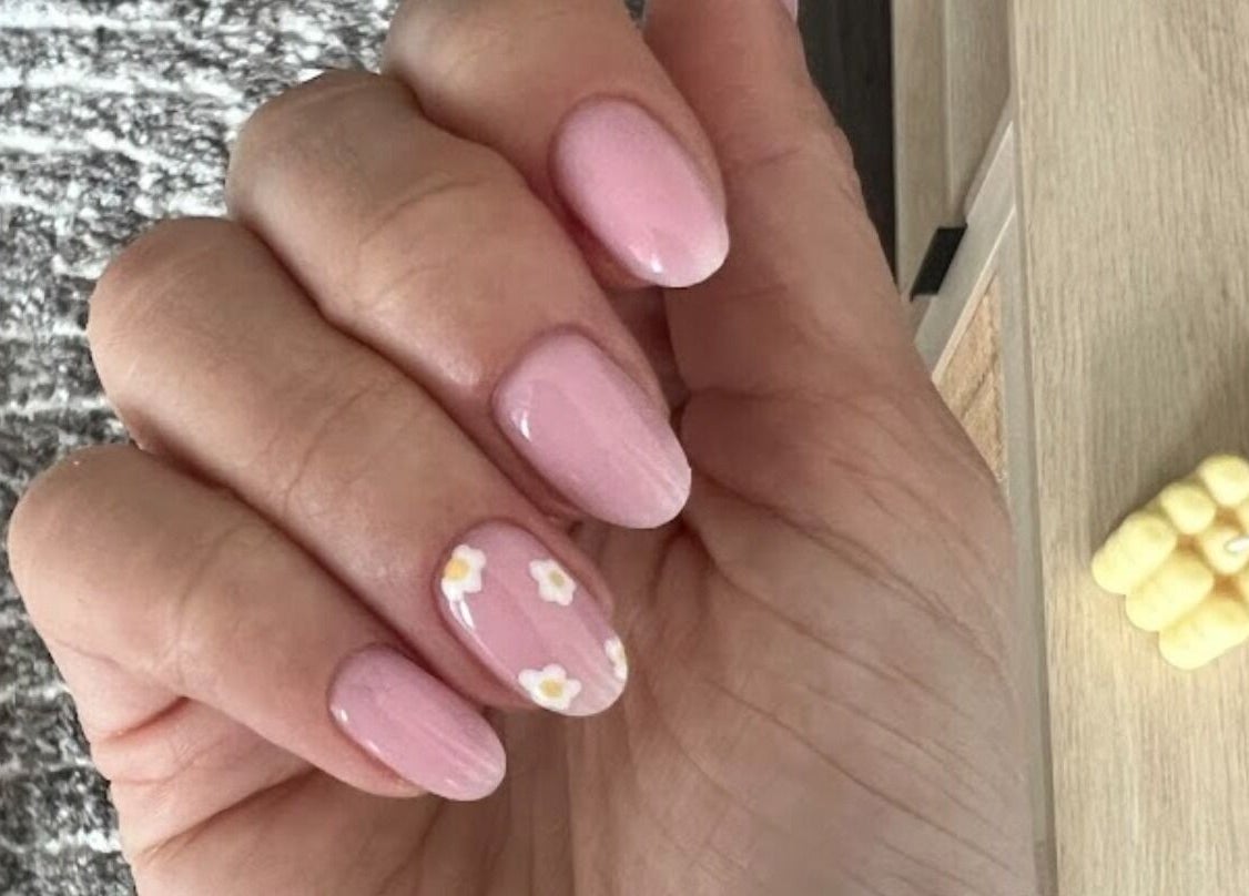 Delicate pink nails with floral design at Nailsbyasha, Toronto, Ontario, CA.