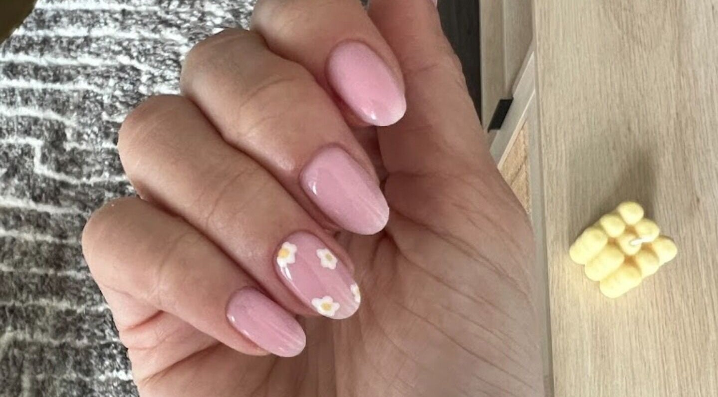 Delicate pink nails with floral design at Nailsbyasha, Toronto, Ontario, CA.