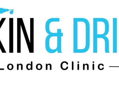 Skin and Drip London, England, GB logo with syringe motif for beauty and wellness services.