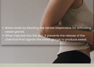 Close-up of person with descriptive text about Botox benefits at Skin and Drip, London, England, GB.