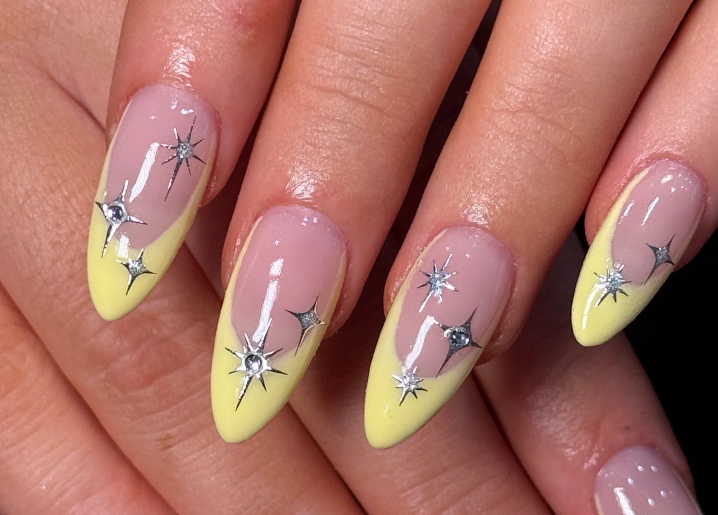 Elegant yellow and nude nail art with sparkle designs at Banríon Beauty by April, Dublin, IE.