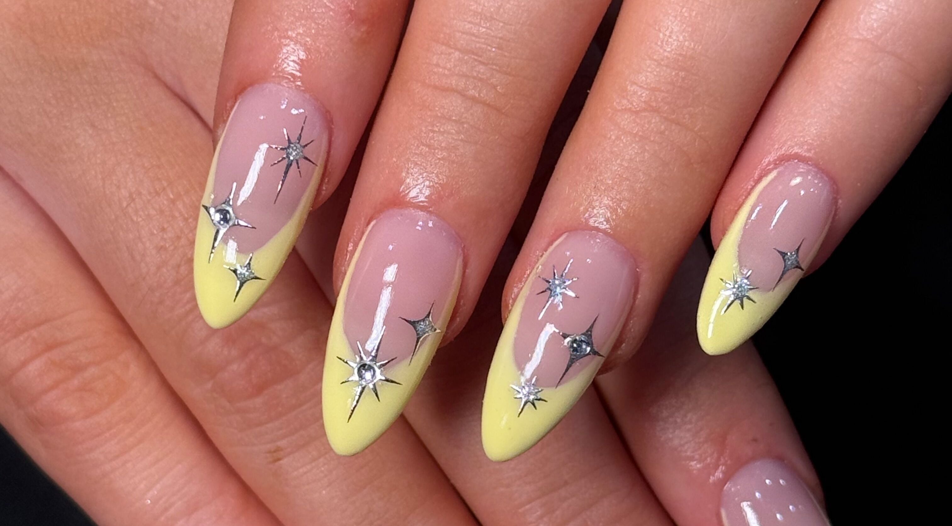Elegant yellow and nude nail art with sparkle designs at Banríon Beauty by April, Dublin, IE.