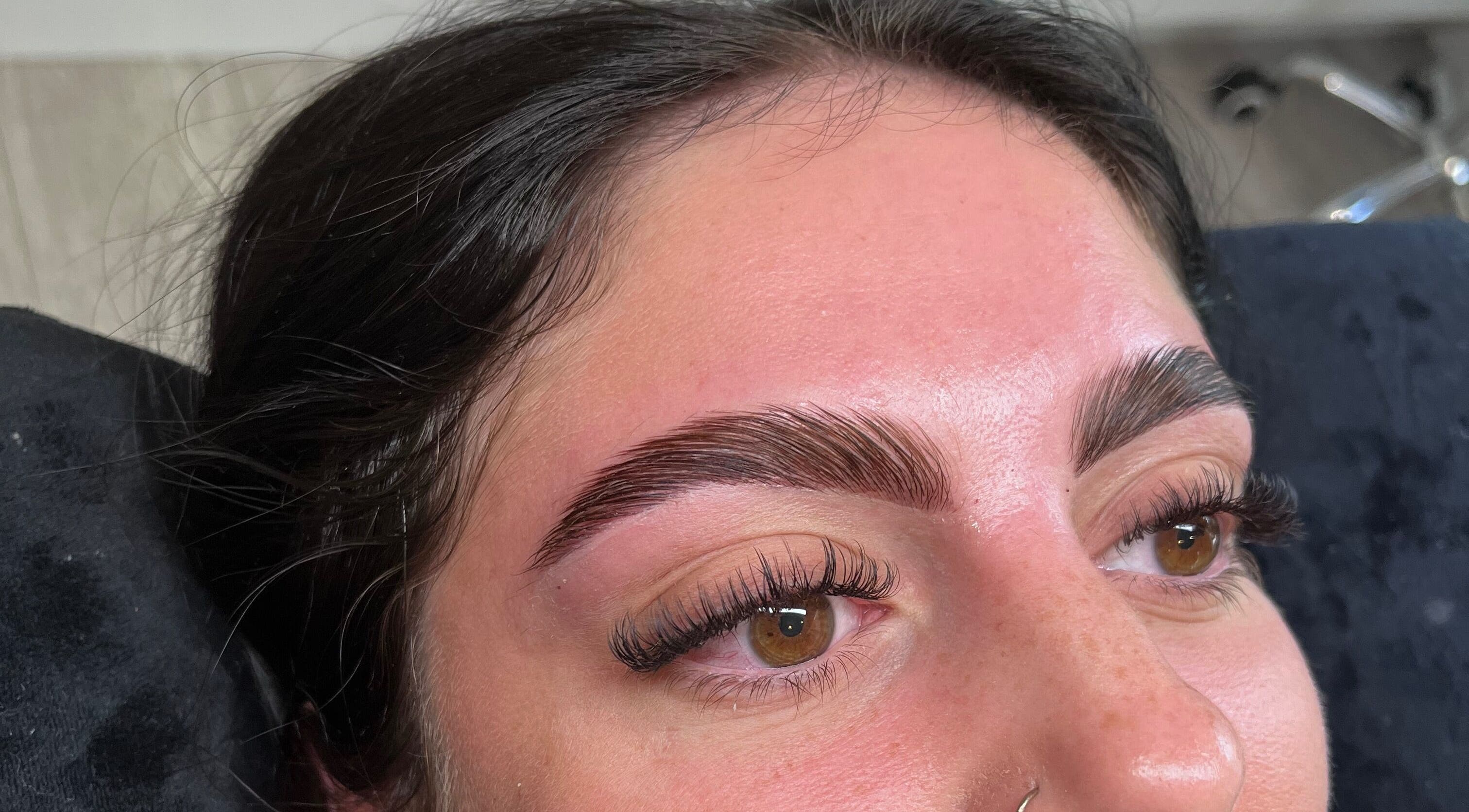 Close-up of freshly styled brows and lashes at HAUS of B in Belfast, Northern Ireland, GB.