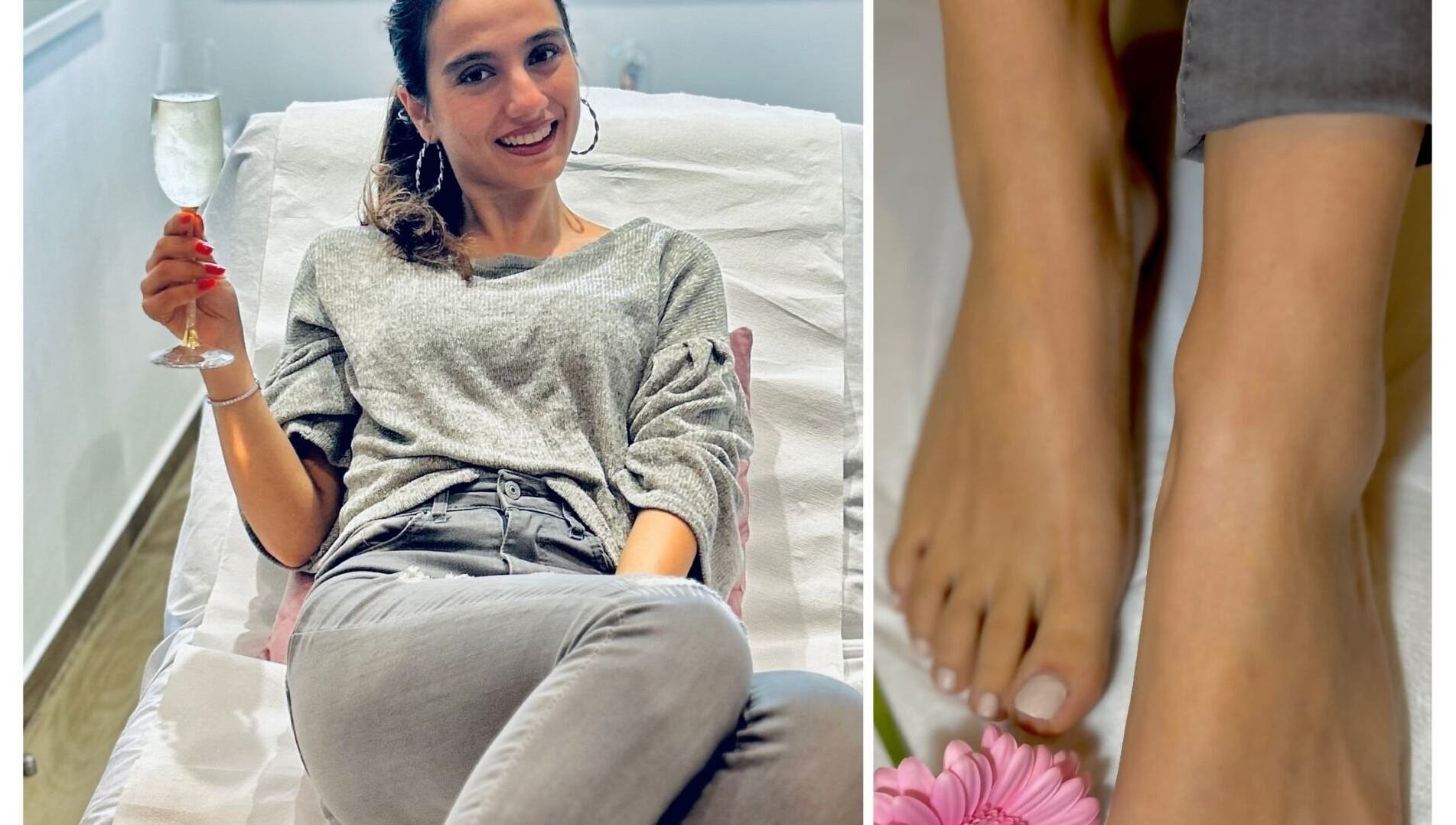 Woman enjoying a pedicure at Beauty Hour By V, St. Julian's, MT with a glass of champagne.