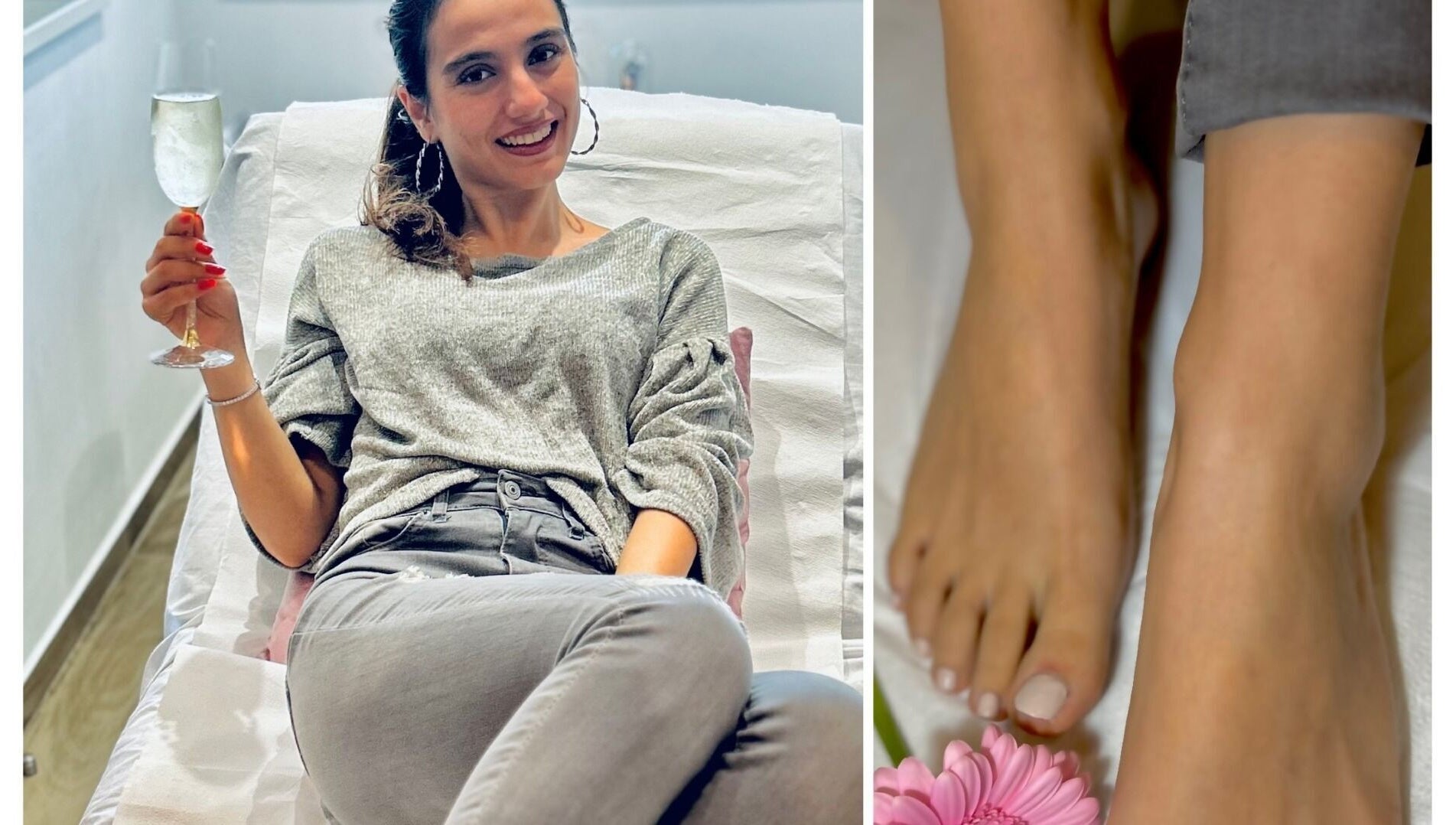 Woman enjoying a pedicure at Beauty Hour By V, St. Julian's, MT with a glass of champagne.