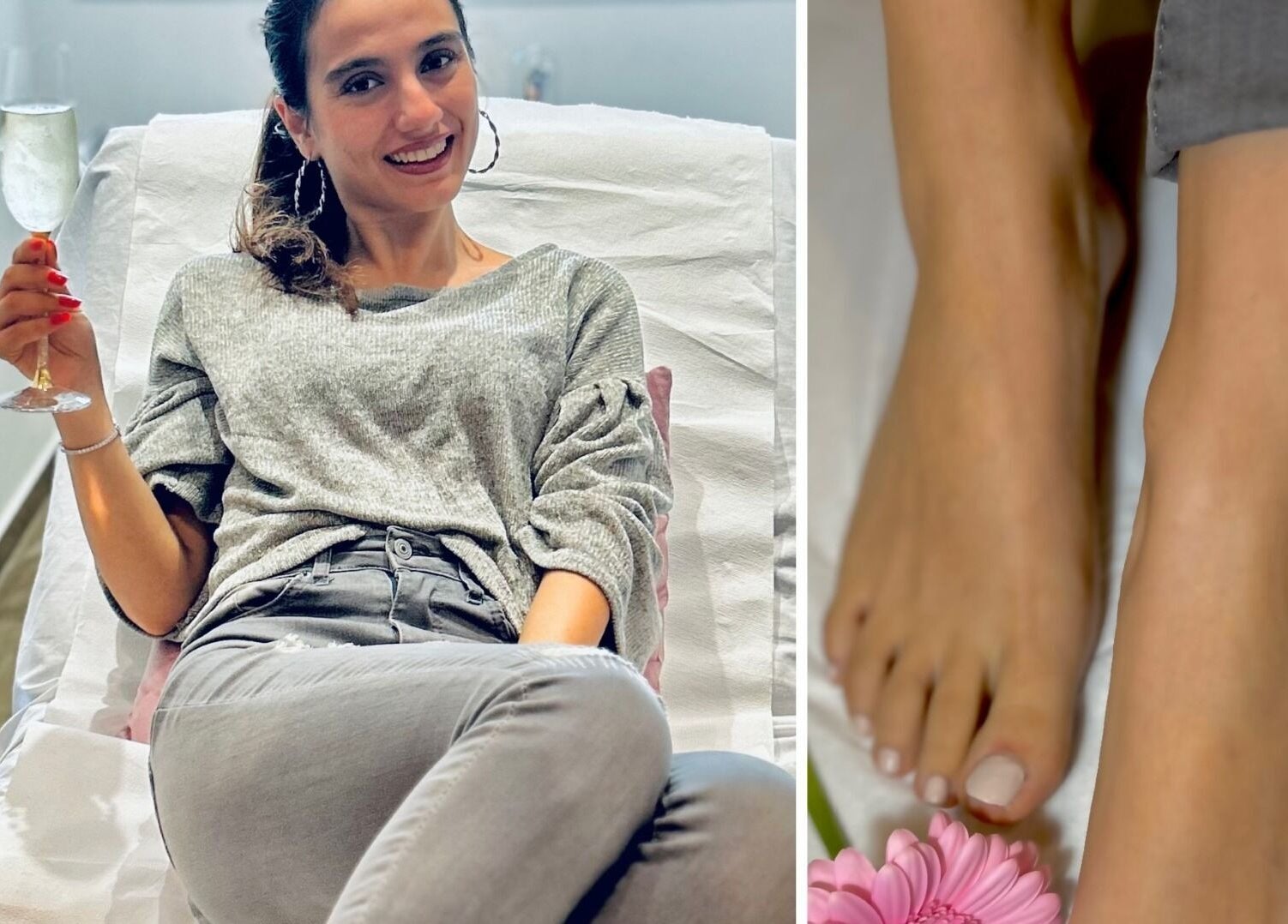 Woman enjoying a pedicure at Beauty Hour By V, St. Julian's, MT with a glass of champagne.