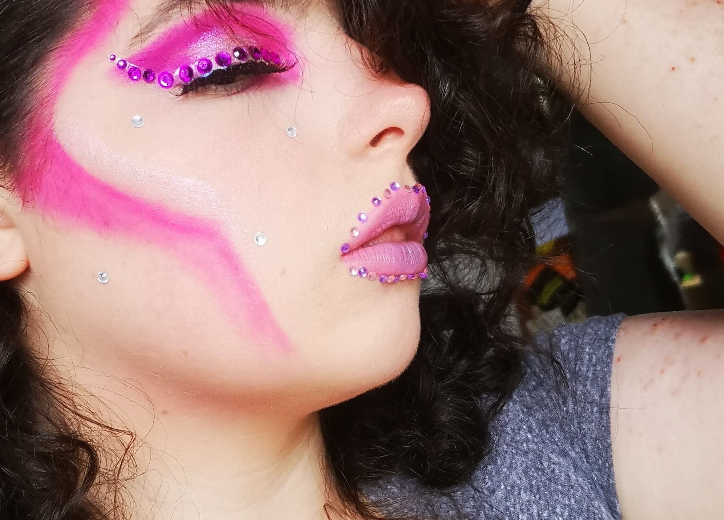 Bold pink and gem makeup by Katie Samantha Jackson Makeup Artist in Manchester, England, GB.
