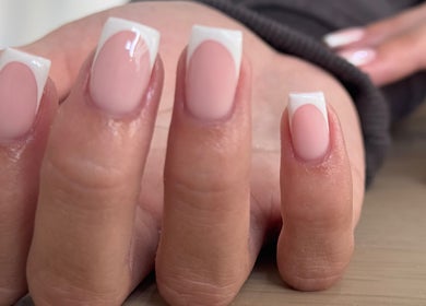 Perfect French manicure at The Mani X Muse, Alrewas, England, GB showcasing elegant nude nails.