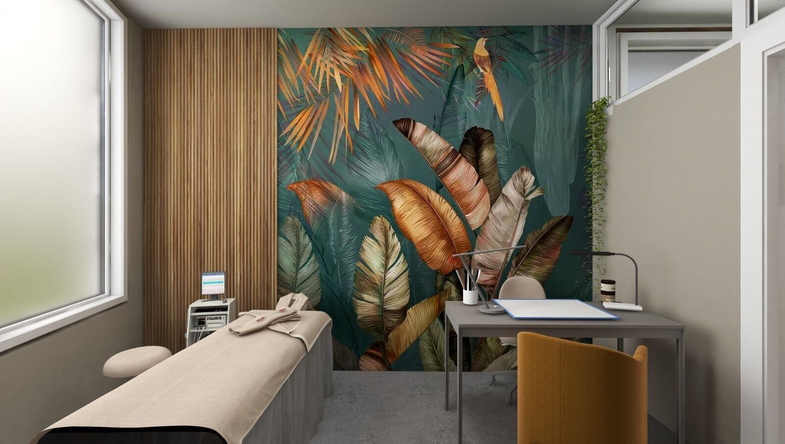 Sala estetica con decori tropicali presso Lash Lab Beauty Concept, Reggio Emilia, Emilia-romagna, IT.