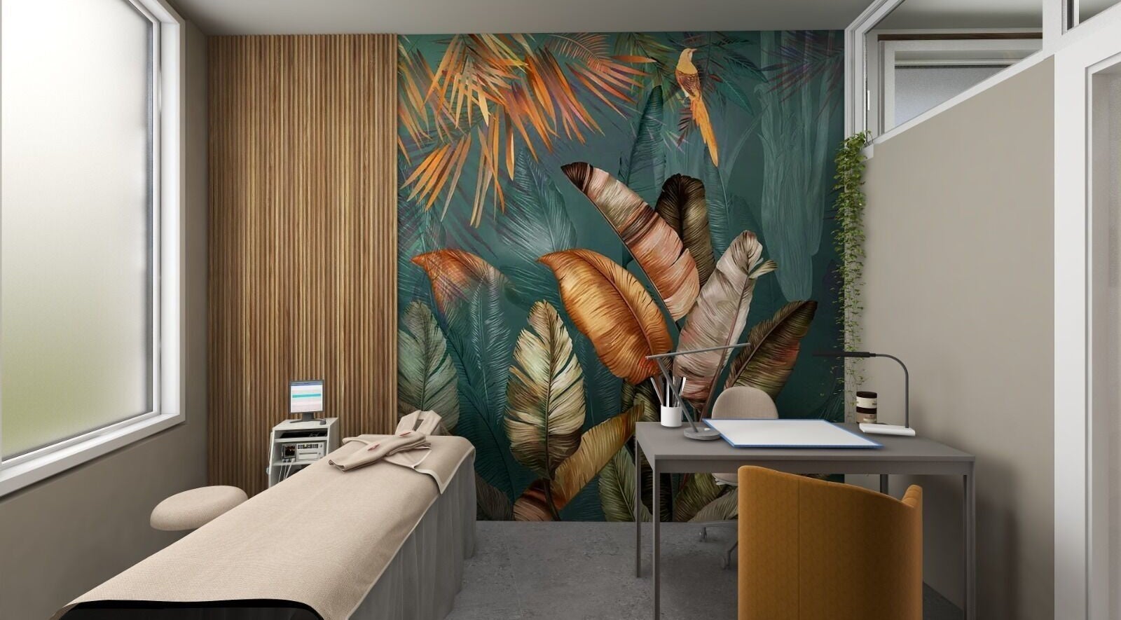 Sala estetica con decori tropicali presso Lash Lab Beauty Concept, Reggio Emilia, Emilia-romagna, IT.