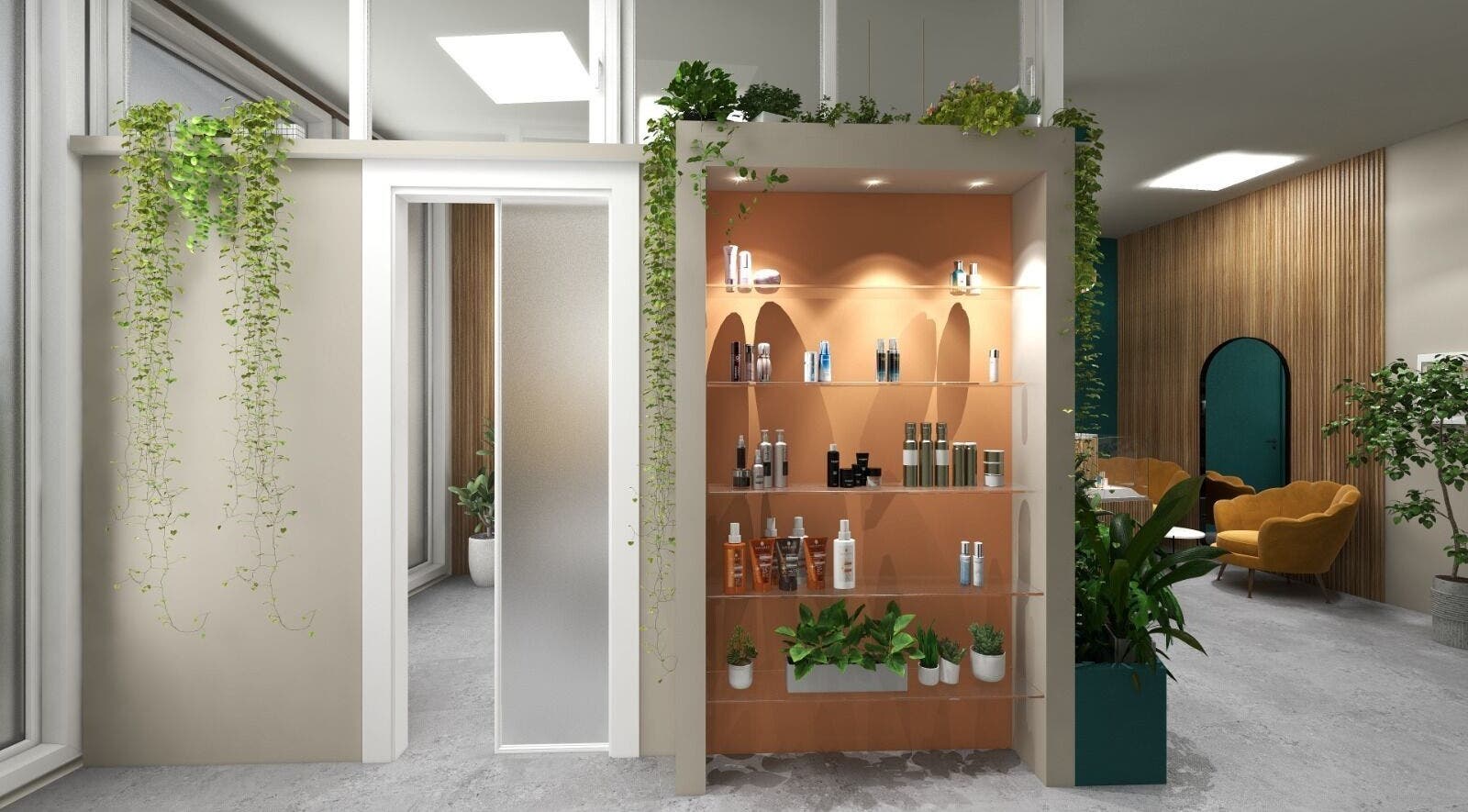 Interno elegante del Lash Lab Beauty Concept a Reggio Emilia, con piante e prodotti esposti.