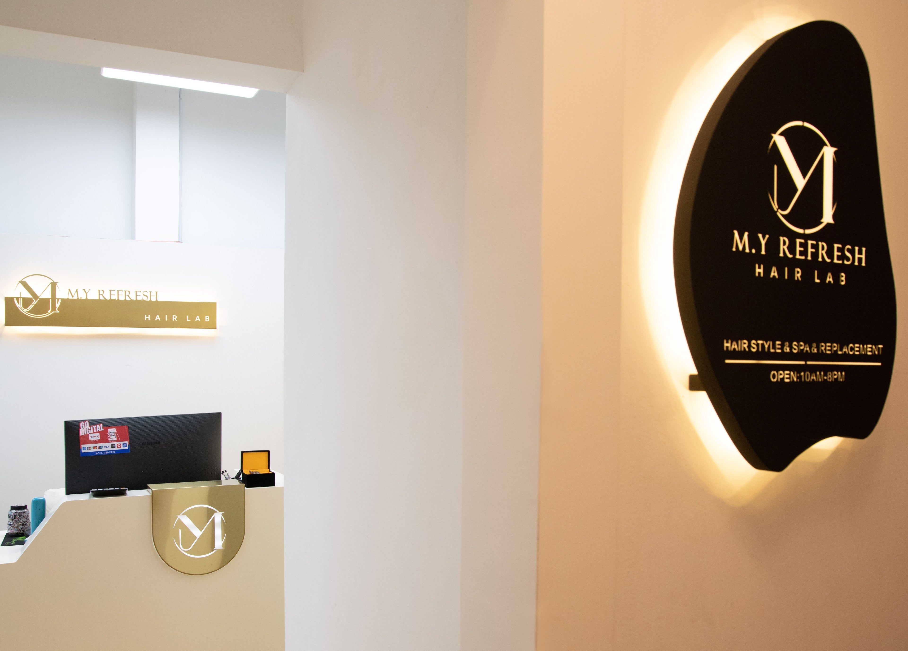 Reception area of M.Y Refresh HairLab featuring modern design in Singapore, SG.