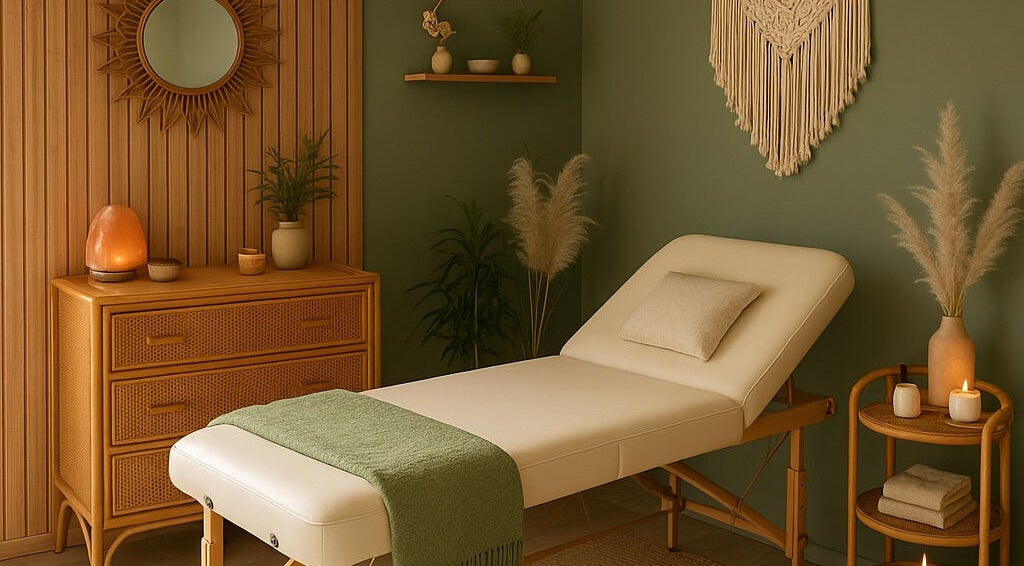 Tranquil therapy room at Luna Rose Holistic Therapy, Loughborough, England, GB, featuring massage table and decor.