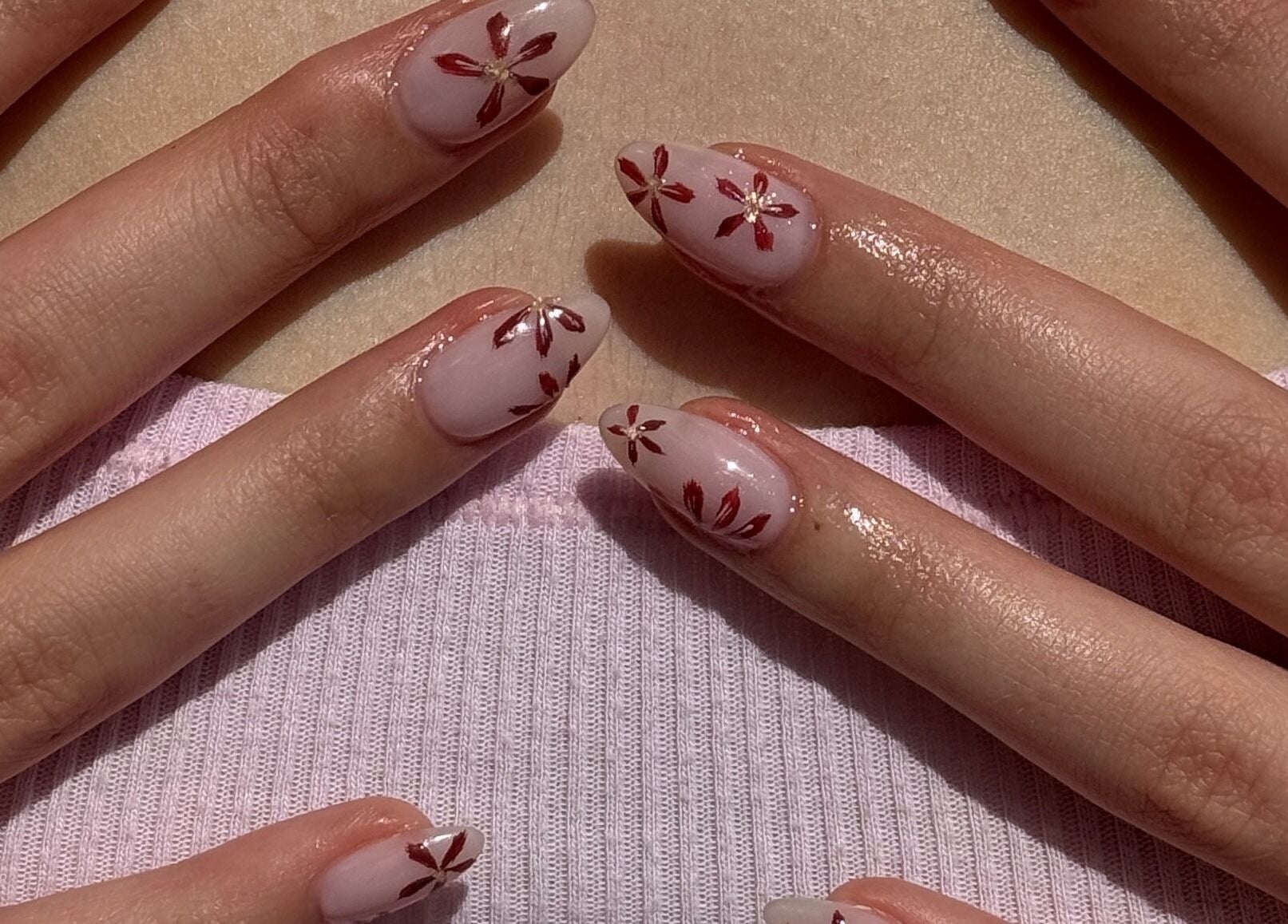 Stylish floral nail art at Artesano Cafe and Nail, Vancouver, British Columbia, CA.
