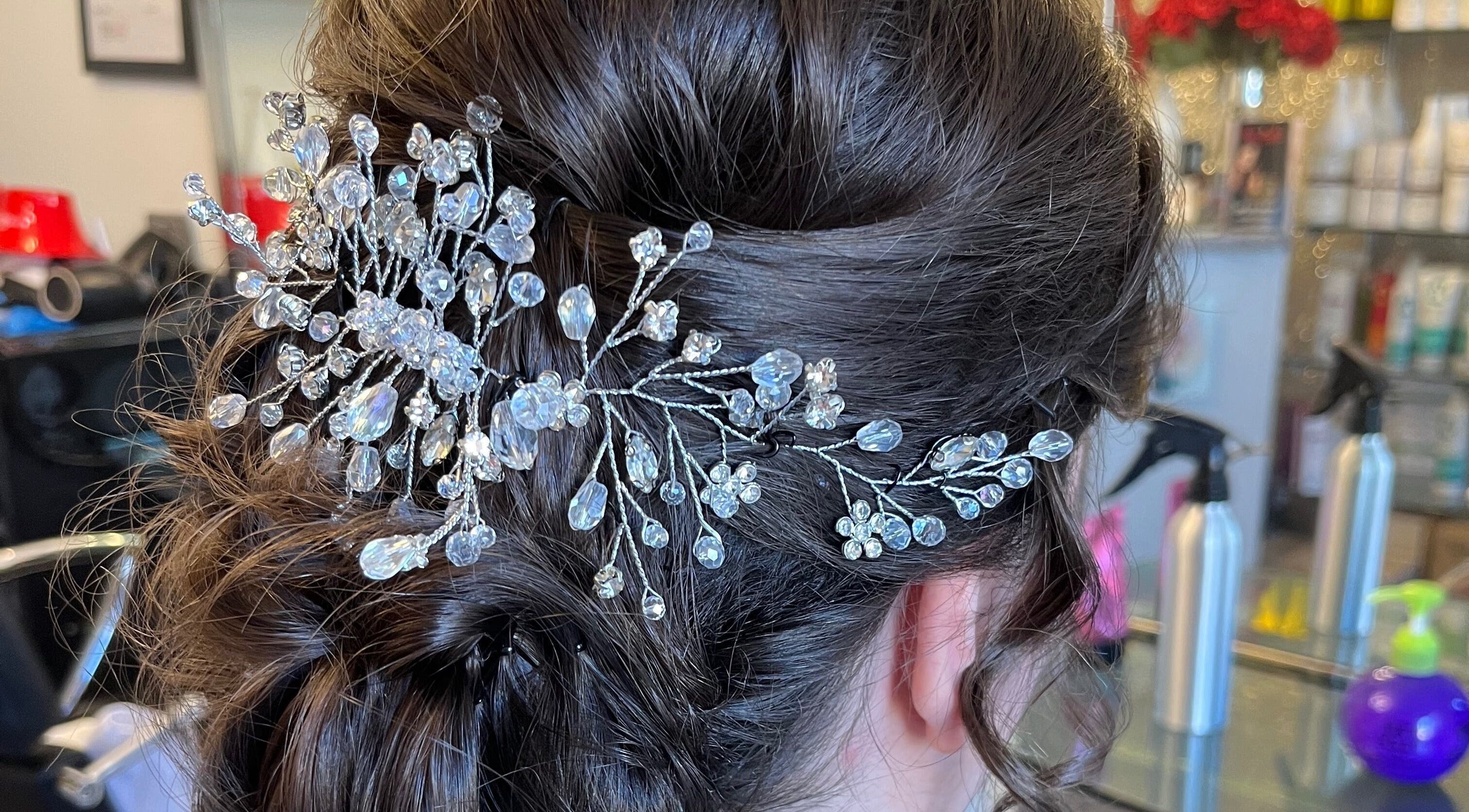 Beautiful crystal hair accessory in styled hair at Maggie Style Hair Salon, Dundee, Scotland, GB.