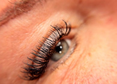 Close-up of enhanced lashes at Audreys Afterglow Esthetics in Jackson, Ohio, US, showcasing beauty treatment.