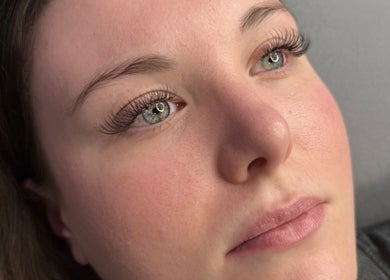 Close-up of expertly applied eyelashes at Audreys Afterglow Esthetics and Permanent Cosmetics, Jackson, Ohio, US.