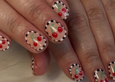 Cherry nail art at Nailsby.S.B in Worthing, England, GB, showcasing intricate designs and vibrant colors.