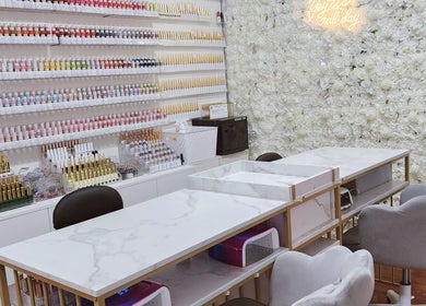 Stylish nail stations and colorful polish at Vanity Nail Studio, Richmond, British Columbia, CA.