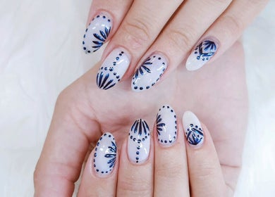 Beautiful blue and white nail art at Vanity Nail Studio, Richmond, British Columbia, CA.
