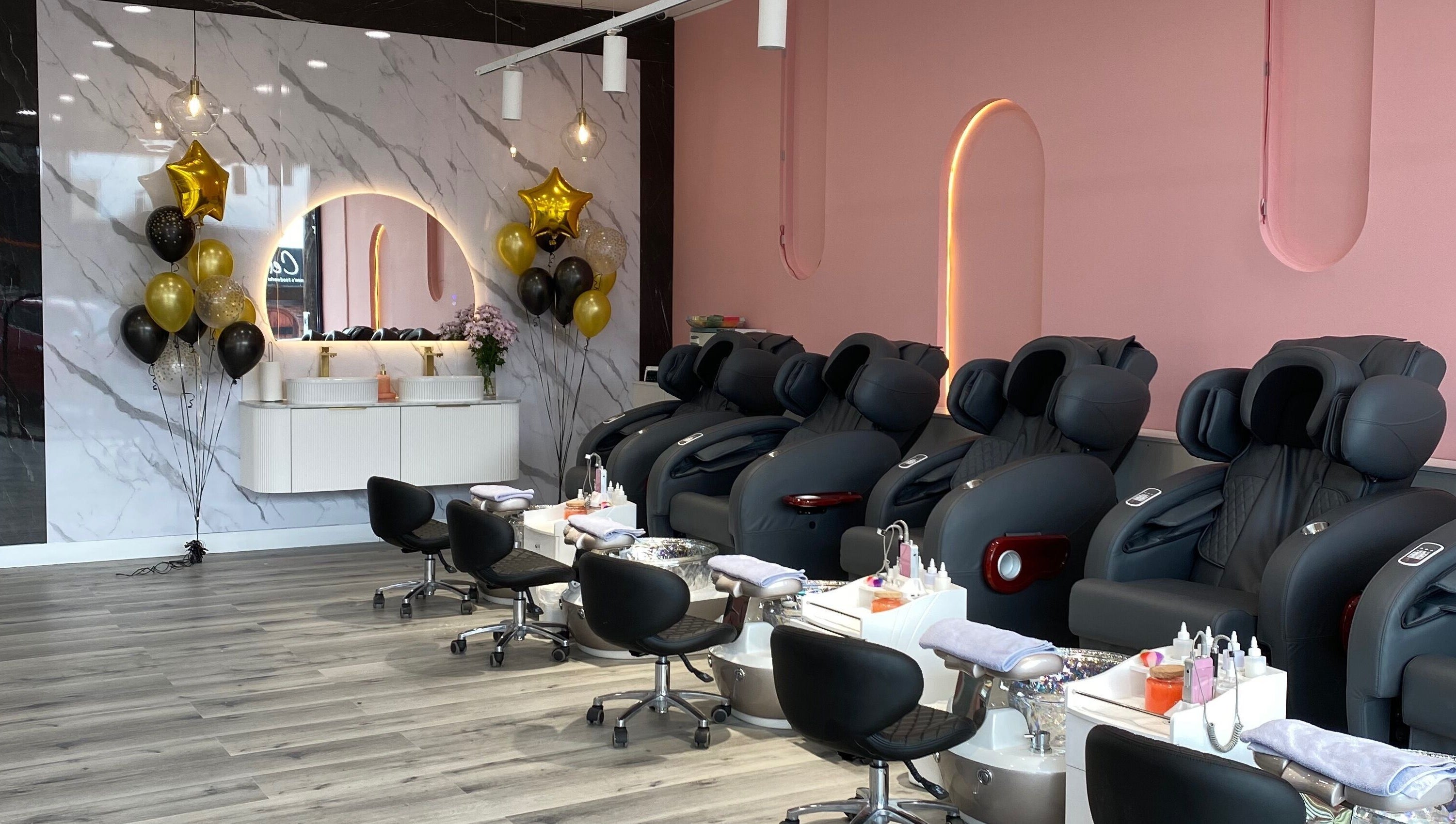 Luxurious pedicure chairs at Natural Nails and Beauty Gisborne, Victoria, AU, offering a relaxing environment.