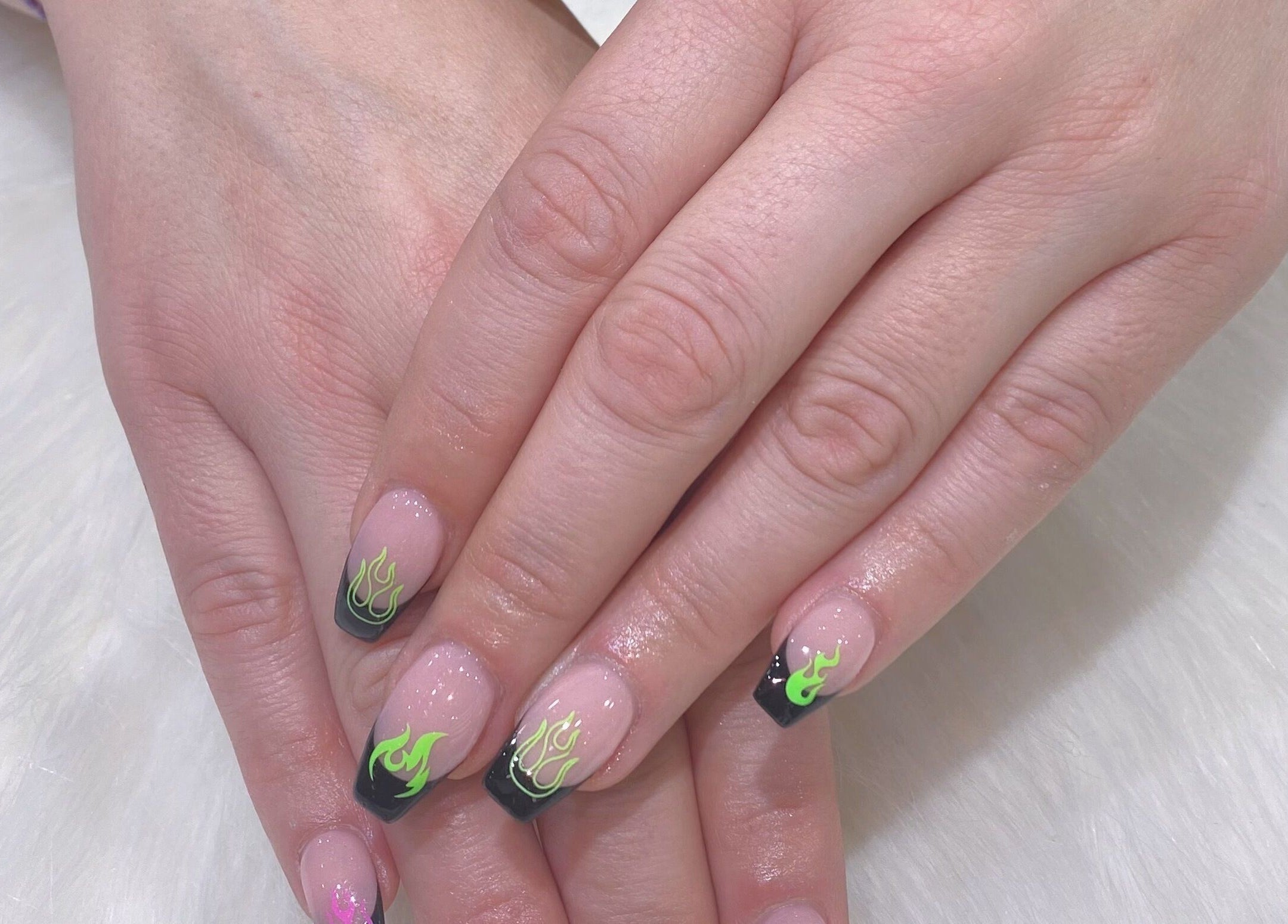 Flame design nail art by Natural Nails and Beauty Gisborne in Gisborne, Victoria, AU on pastel manicure.