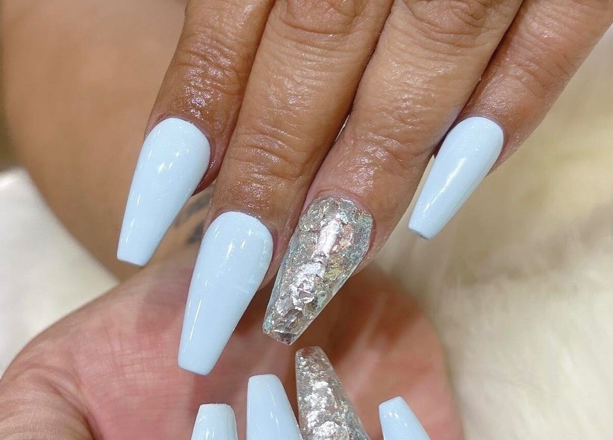 Elegant blue and silver nails at Natural Nails and Beauty Gisborne, in Gisborne, Victoria, AU.