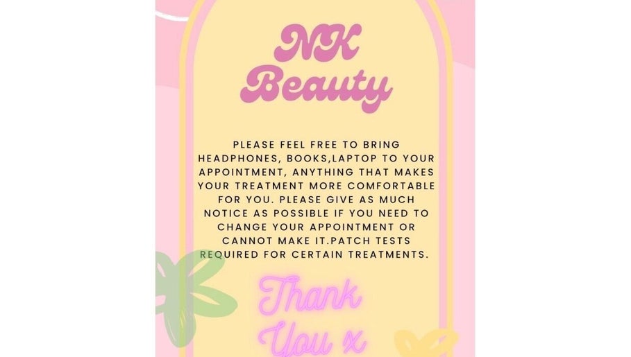 Client comfort notice at Niamh & Michelle's Beauty Room, Ballineen, IE, emphasizing appointment flexibility.