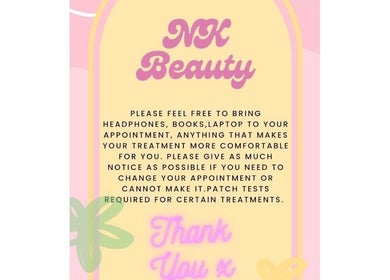 Client comfort notice at Niamh & Michelle's Beauty Room, Ballineen, IE, emphasizing appointment flexibility.