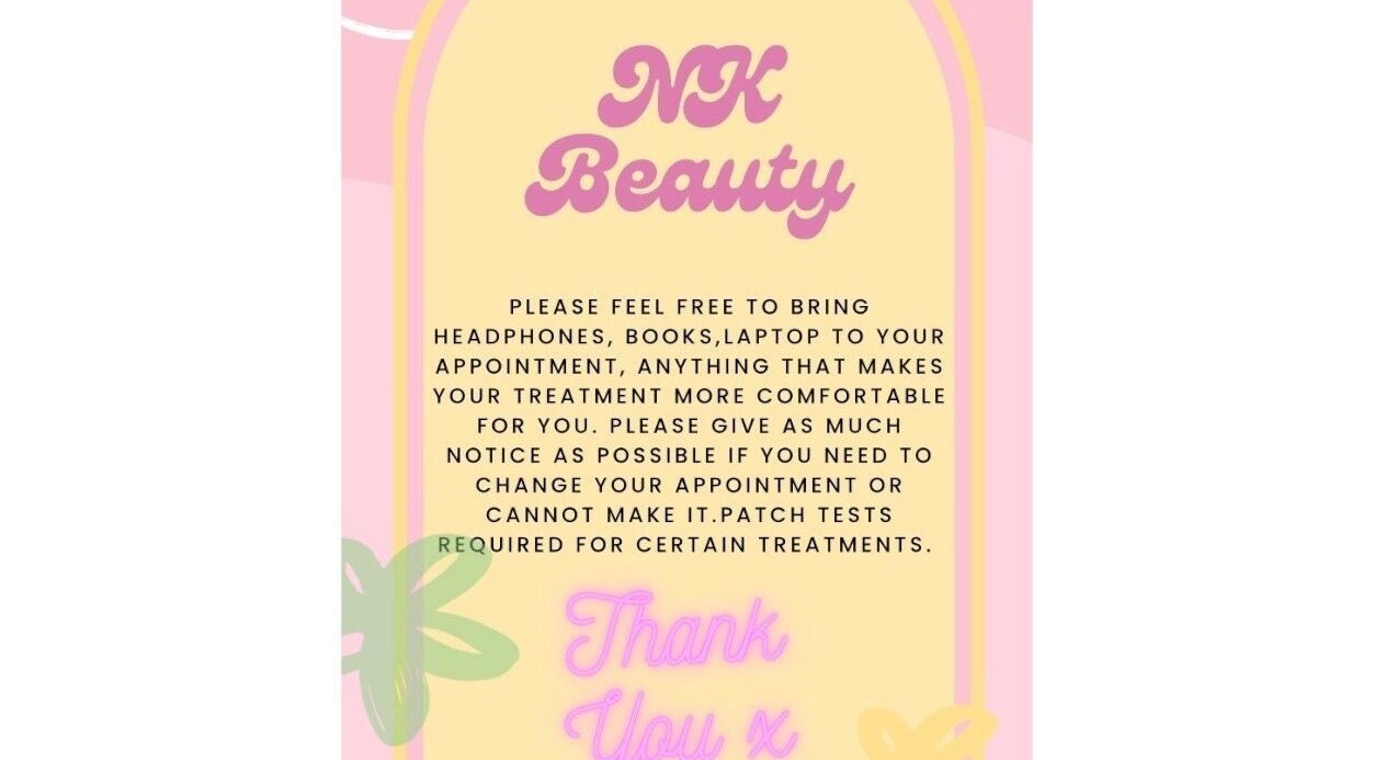 Client comfort notice at Niamh & Michelle's Beauty Room, Ballineen, IE, emphasizing appointment flexibility.