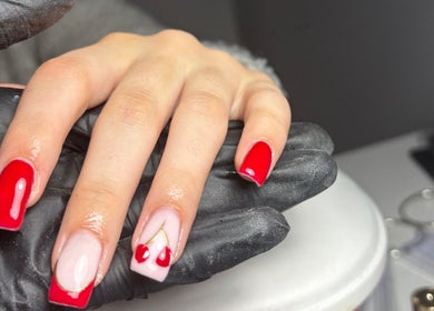 Elegant red and cherry nail art at Nails by Eils, Kirkcaldy, Scotland, GB.