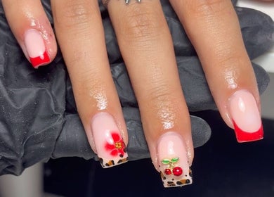 Cherry-themed nail art with red tips at Nails by Eils, Kirkcaldy, Scotland, GB.
