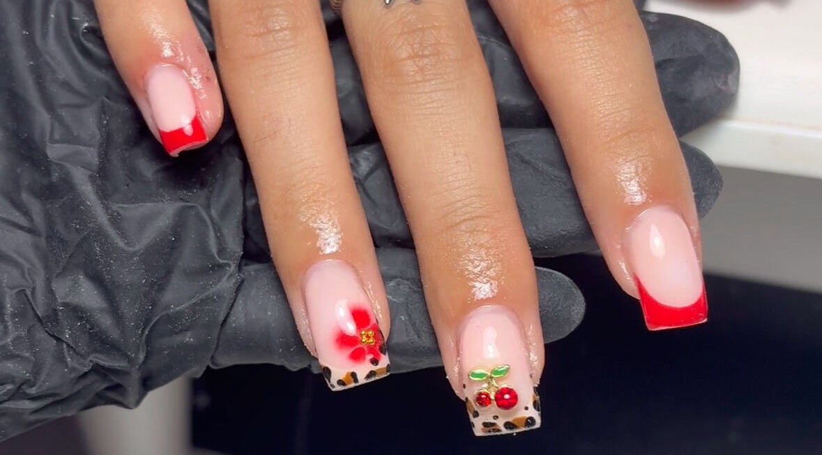 Cherry-themed nail art with red tips at Nails by Eils, Kirkcaldy, Scotland, GB.