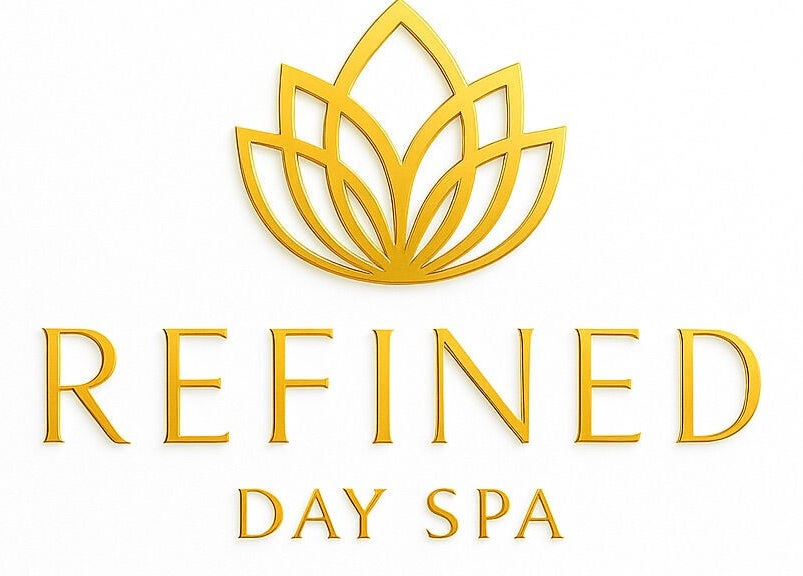 Logo of Refined Day Spa in St. Michael, BB featuring a golden lotus design.