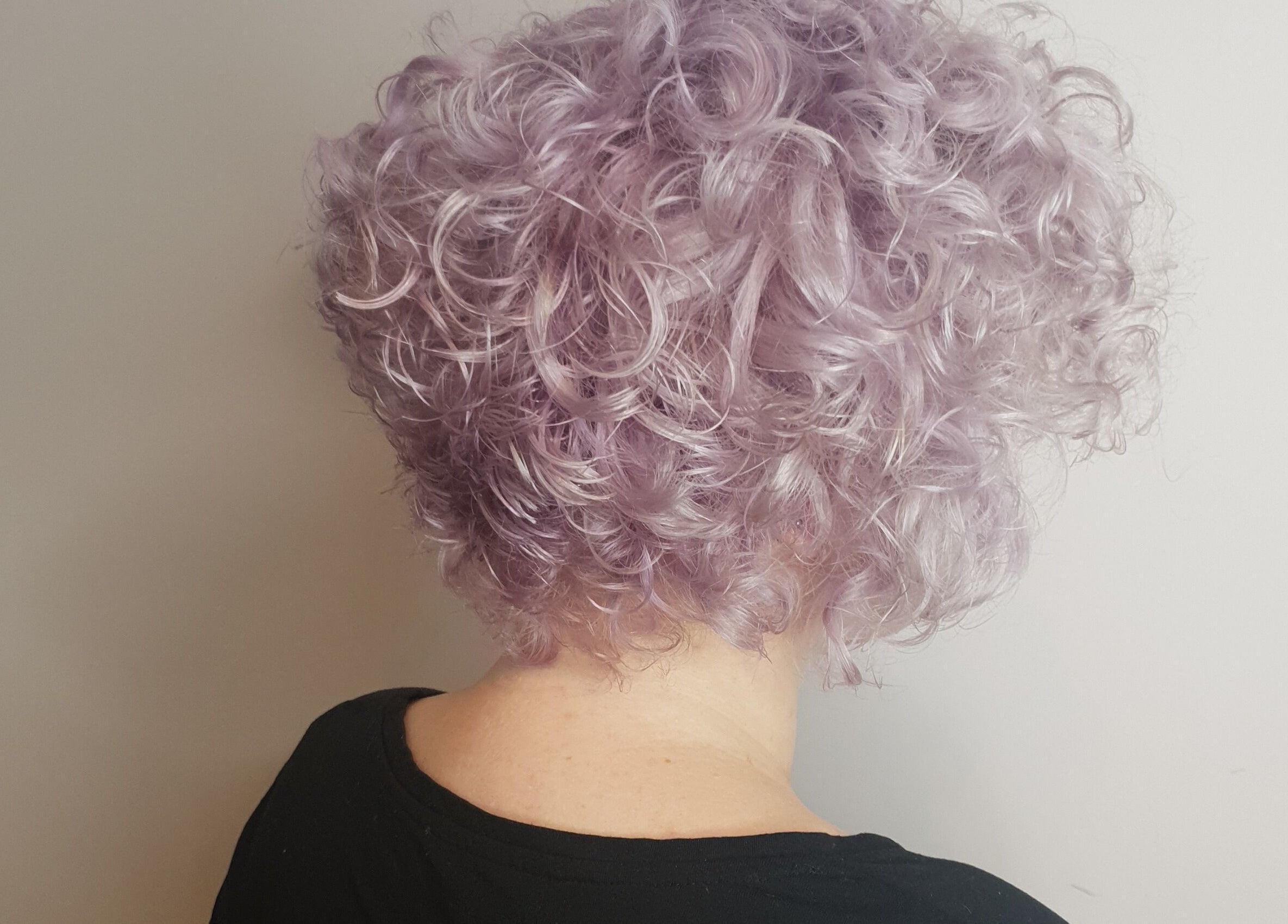 Lavender curly hair style at Louise Frances, Derby, England, GB, showcasing professional hair artistry.